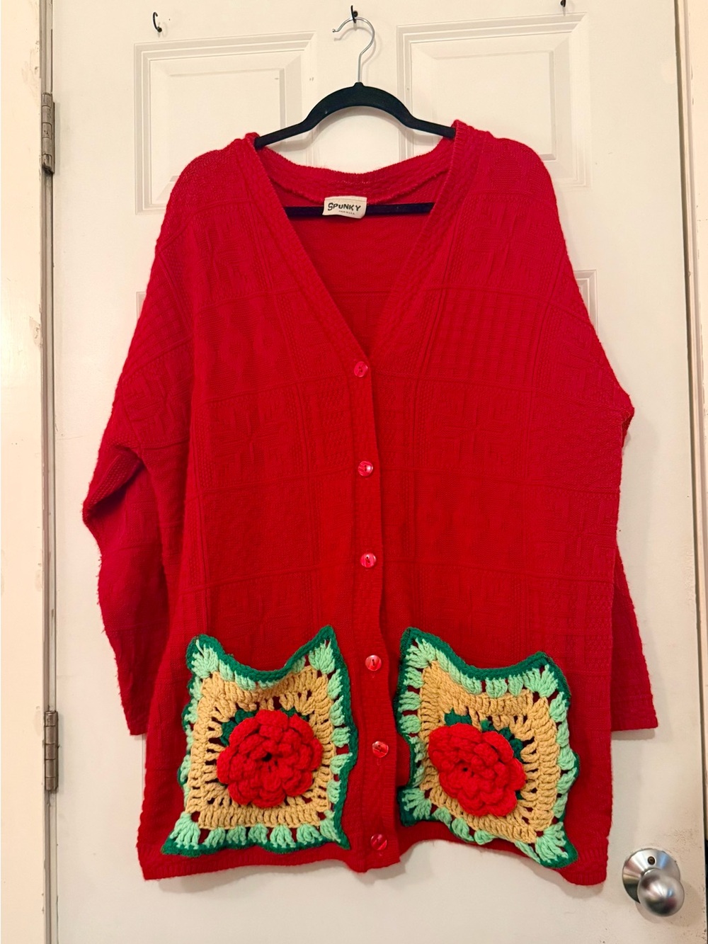 Upcycled Vintage Spunky Brand Oversized Cardigan Sweater Granny Square Pocket